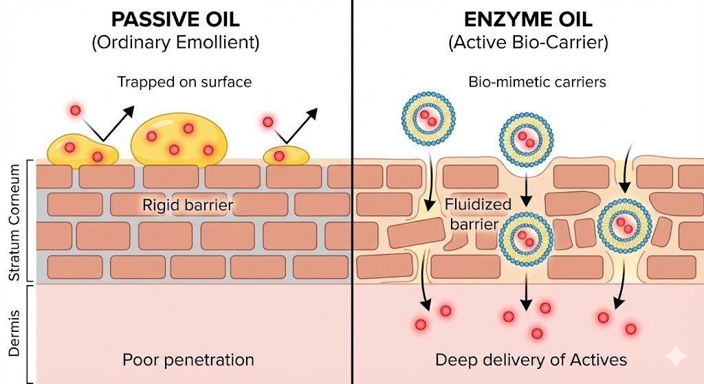 Enzyme Oil bio-carrier crossing the skin barrier to deliver actives deep into the skin