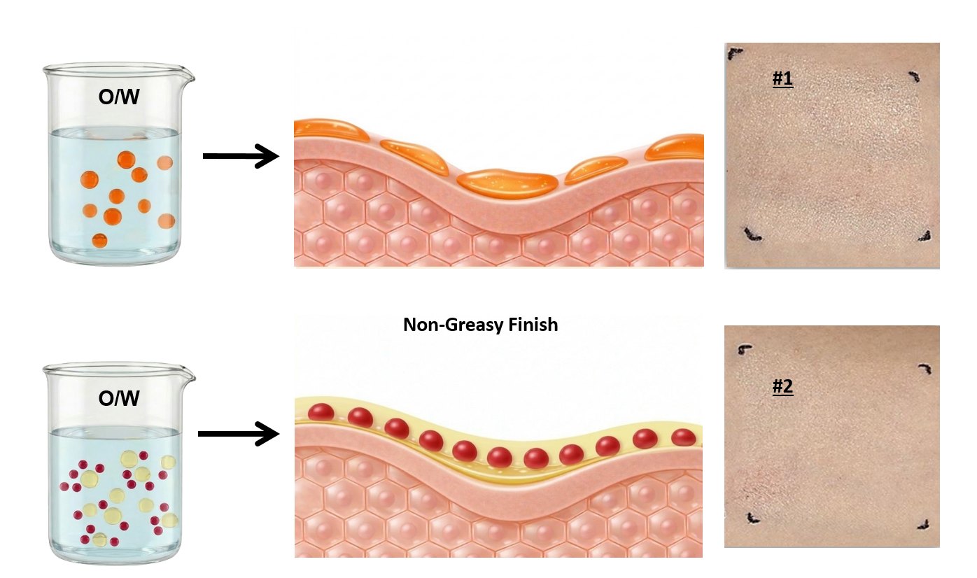 Stickiness-Locking UV Capsule — non-greasy finish compared with a typical O/W emulsion